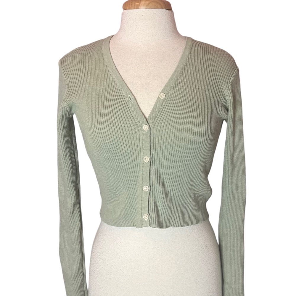 John Galt California Ribbed Cropped Cardigan Sweater One Size Sage Green